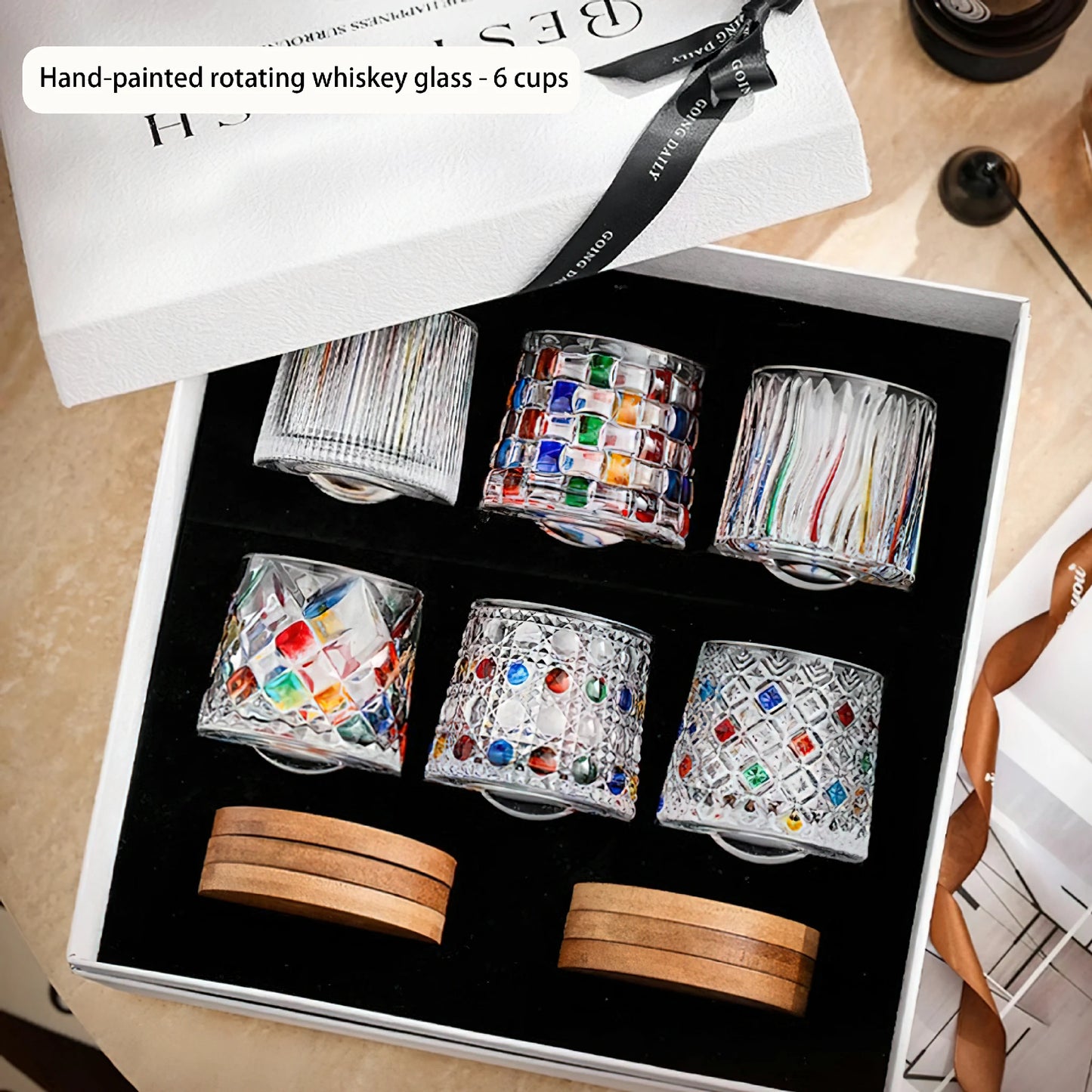 Hand-painted rotating whiskey glass set