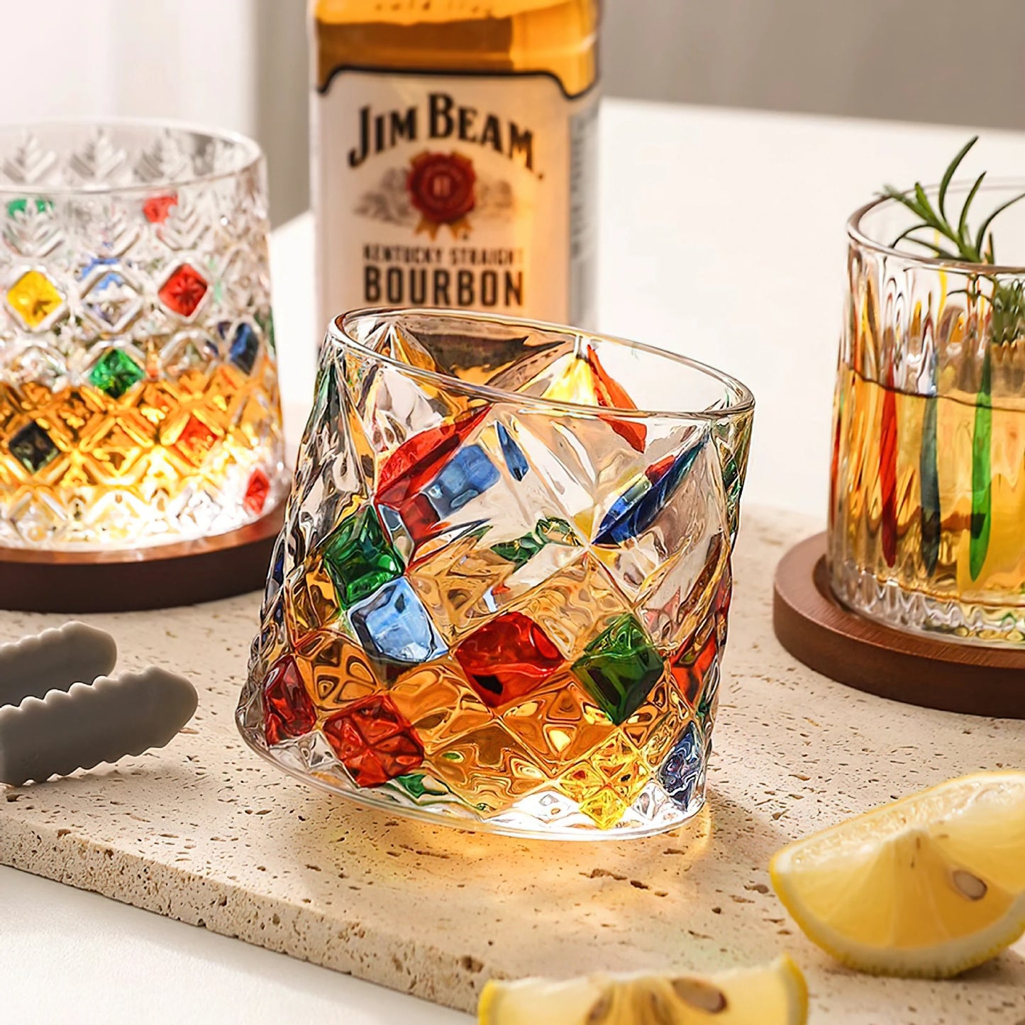Hand-painted rotating whiskey glass set
