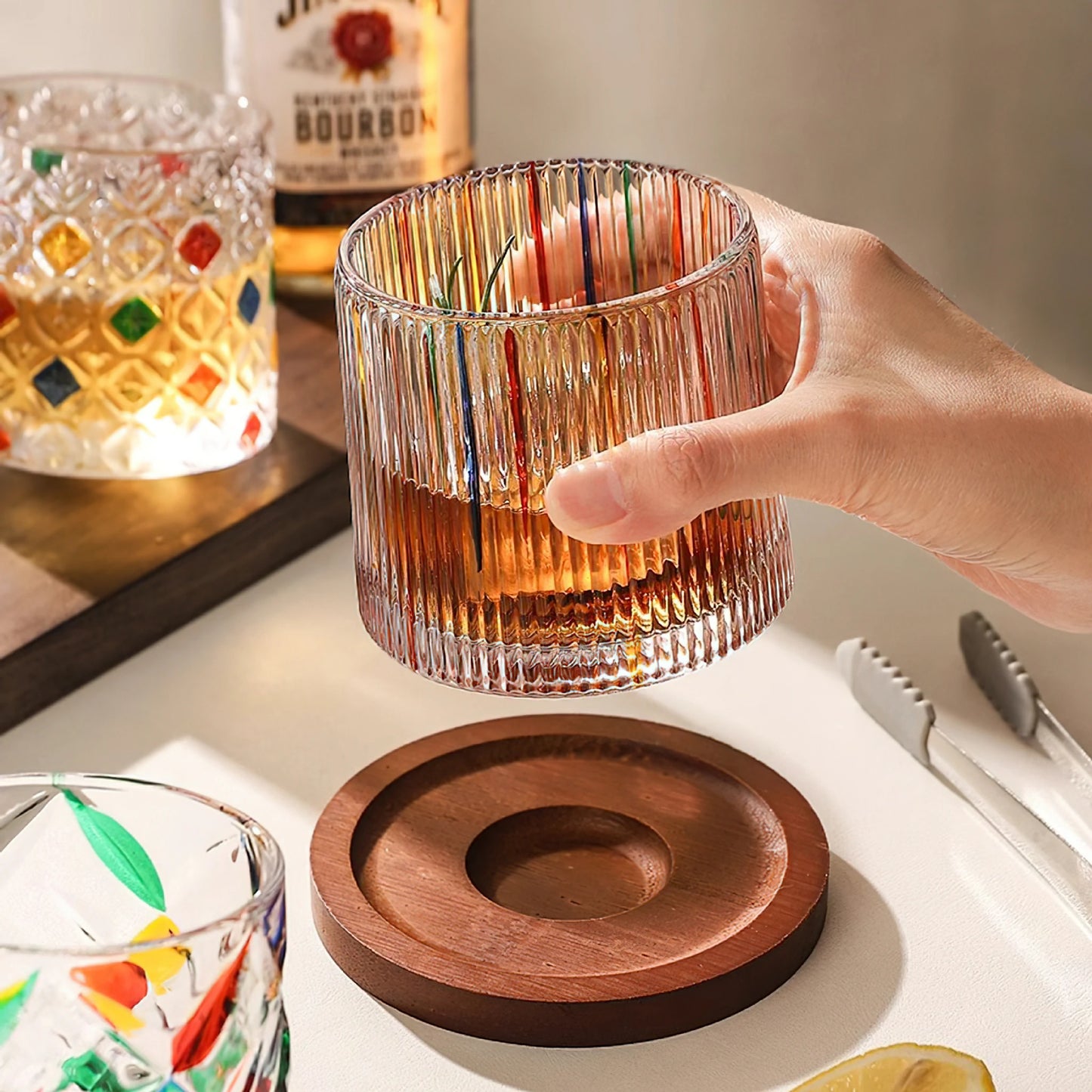Hand-painted rotating whiskey glass set