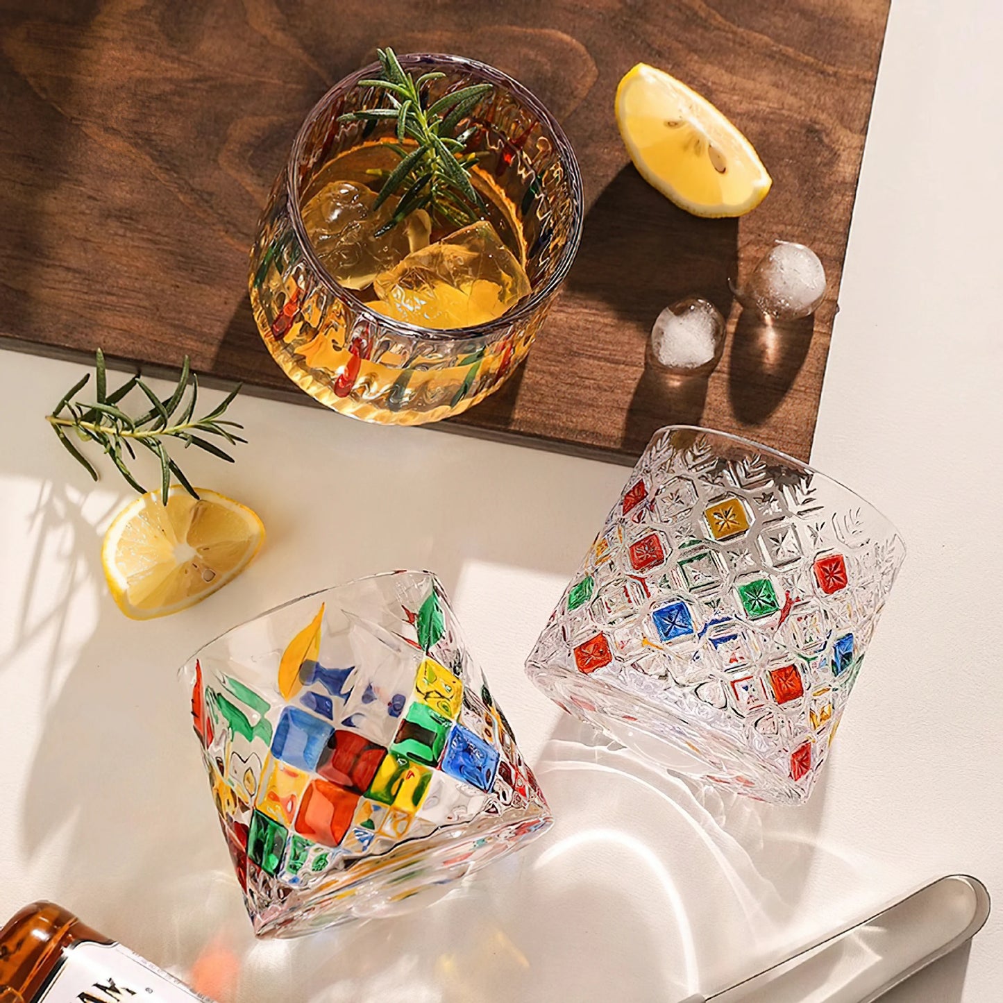 Hand-painted rotating whiskey glass set