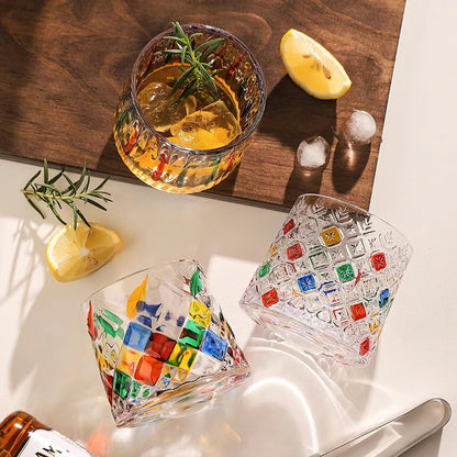 Hand-painted rotating whiskey glass set