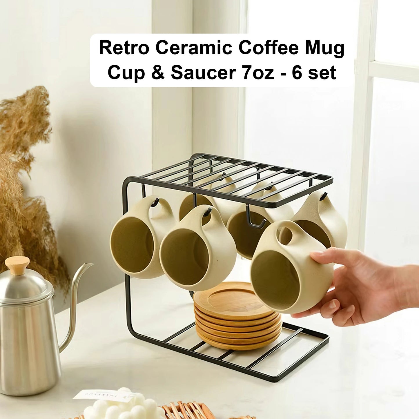 6 set Retro Ceramic Coffee Cup & Saucer - 7oz