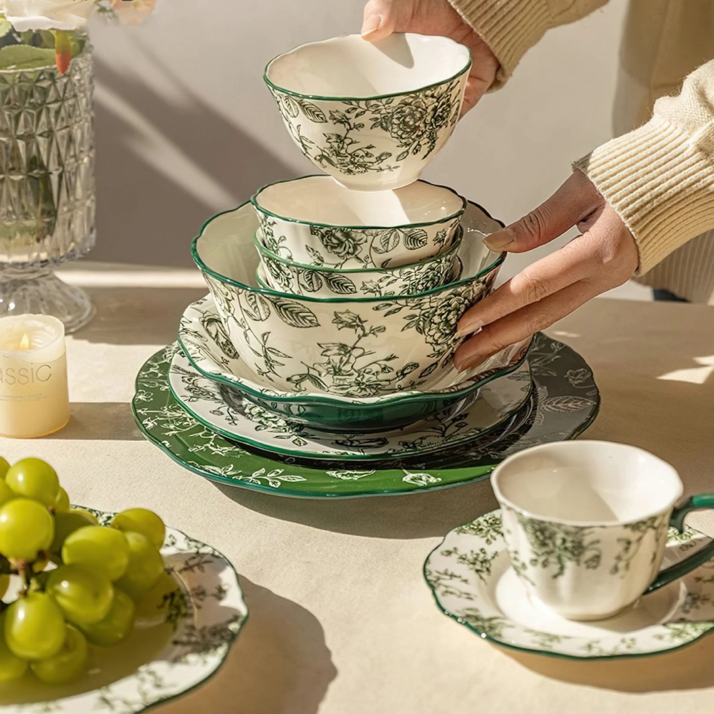 Rose Holiday Vintage Green Series Dinnerware Bowl and plate