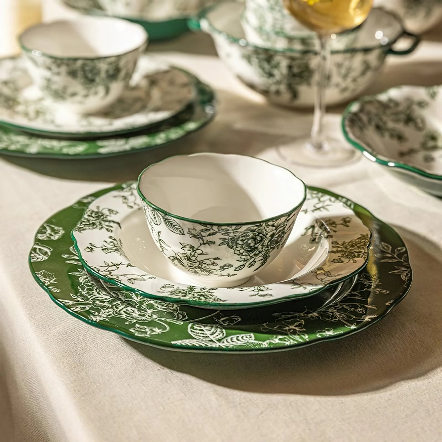 Rose Holiday Vintage Green Series Dinnerware Bowl and plate