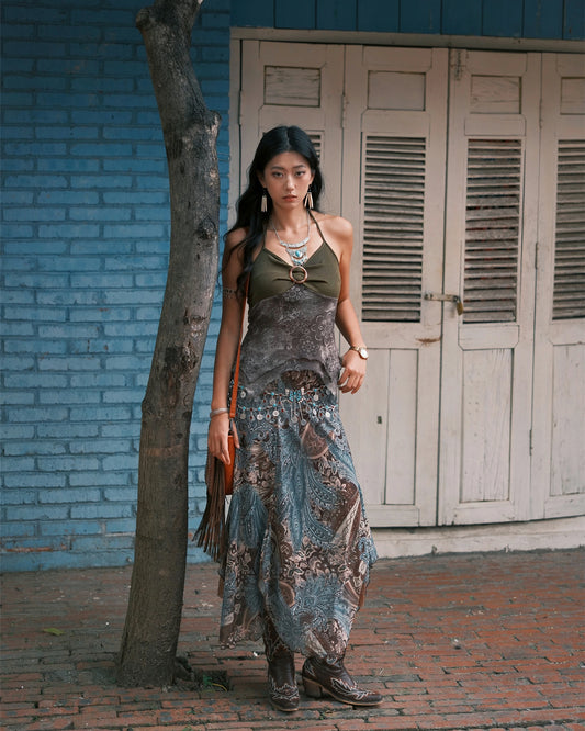 Tribal Butterfly Mesh Asymmetrical Skirt