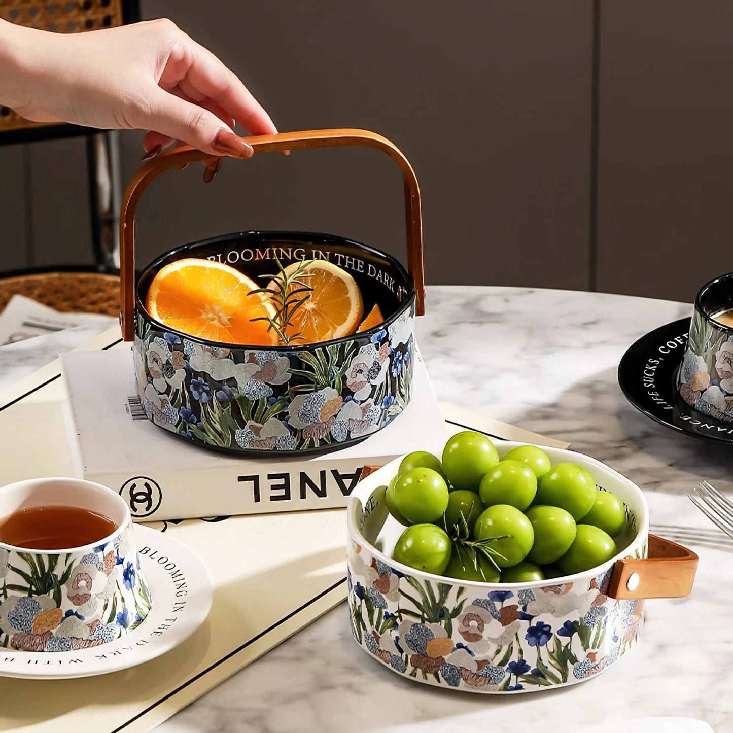 lris Flower Coffee Mug Ceramic Tea Cup Fruit Basket Set