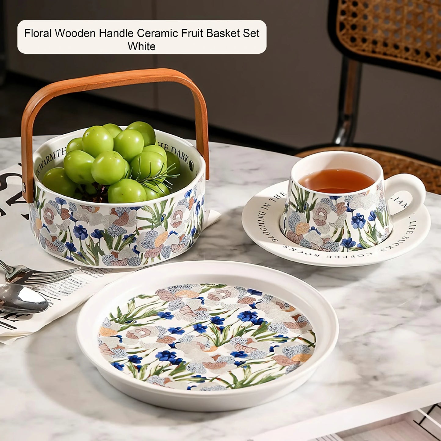 lris Flower Coffee Mug Ceramic Tea Cup Fruit Basket Set