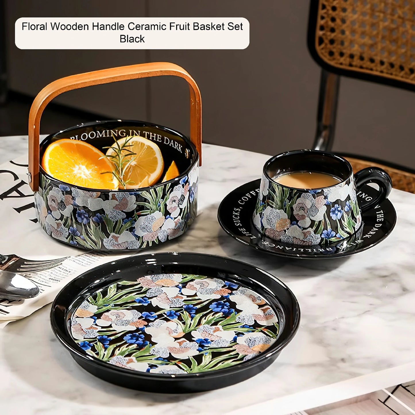 lris Flower Coffee Mug Ceramic Tea Cup Fruit Basket Set