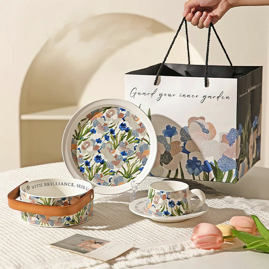 lris Flower Coffee Mug Ceramic Tea Cup Fruit Basket Set